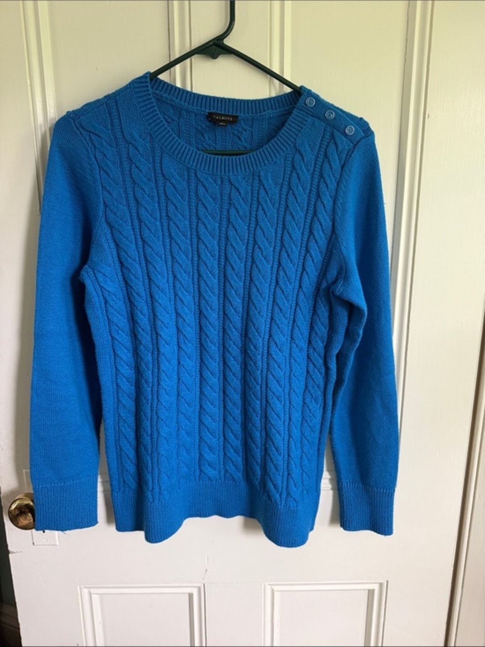 Talbots Cobalt Cable Knit Crewneck Sweater with Shoulder Buttons